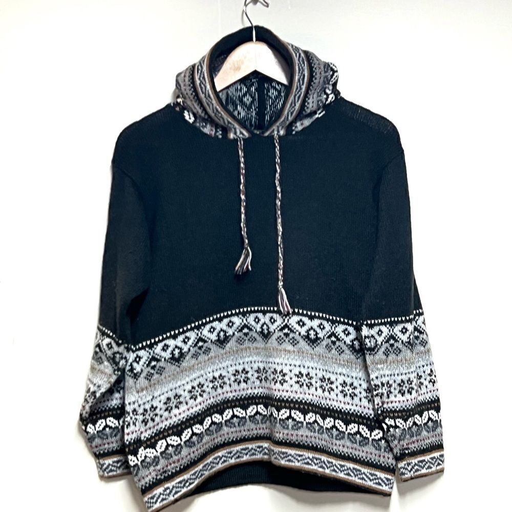 American South Side SKI Winter Sweater Alpaca Wool Crew Black Hoodie Womens L/XL